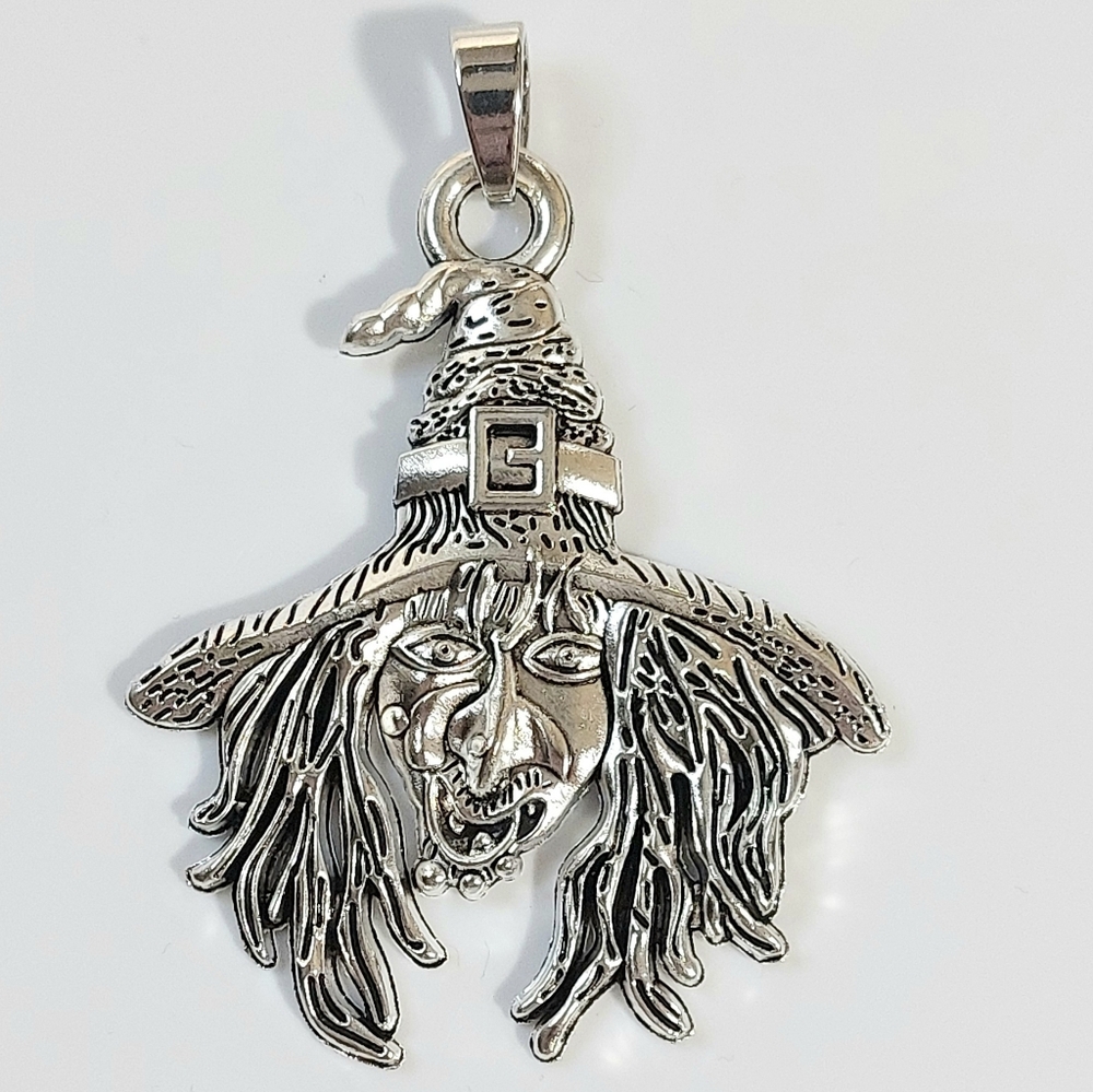 Silver Wicked Witch Necklace Pendant - Halloween Womens Mens Jewelry